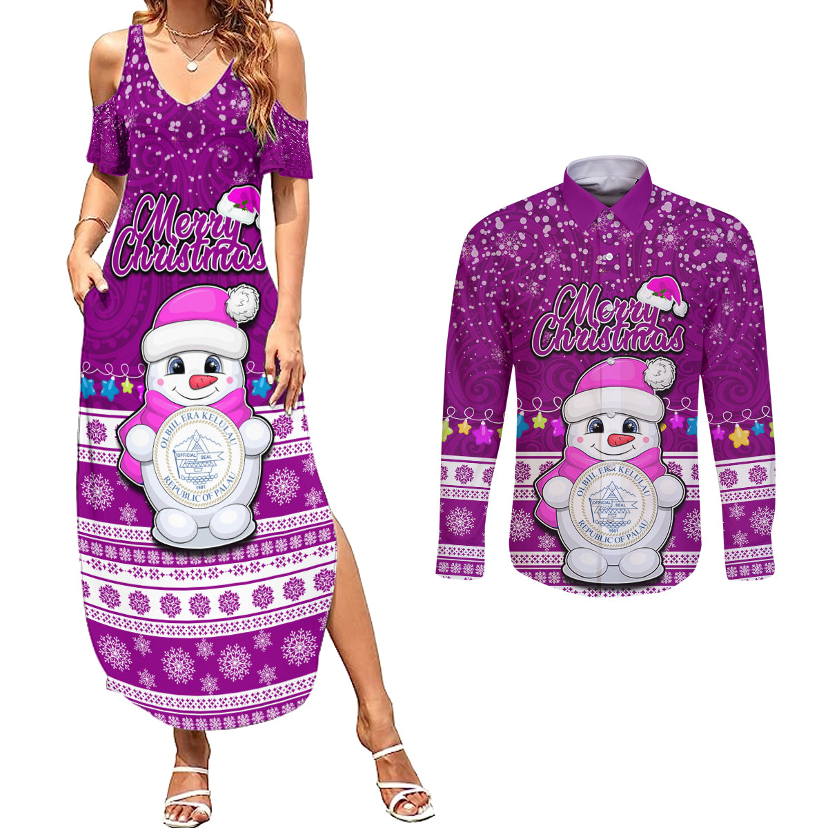 Personalised Palau Christmas Couples Matching Summer Maxi Dress and Long Sleeve Button Shirt Snowman Hugs Palau Coat of Arms Maori Pattern Pink Style LT03 Pink - Polynesian Pride