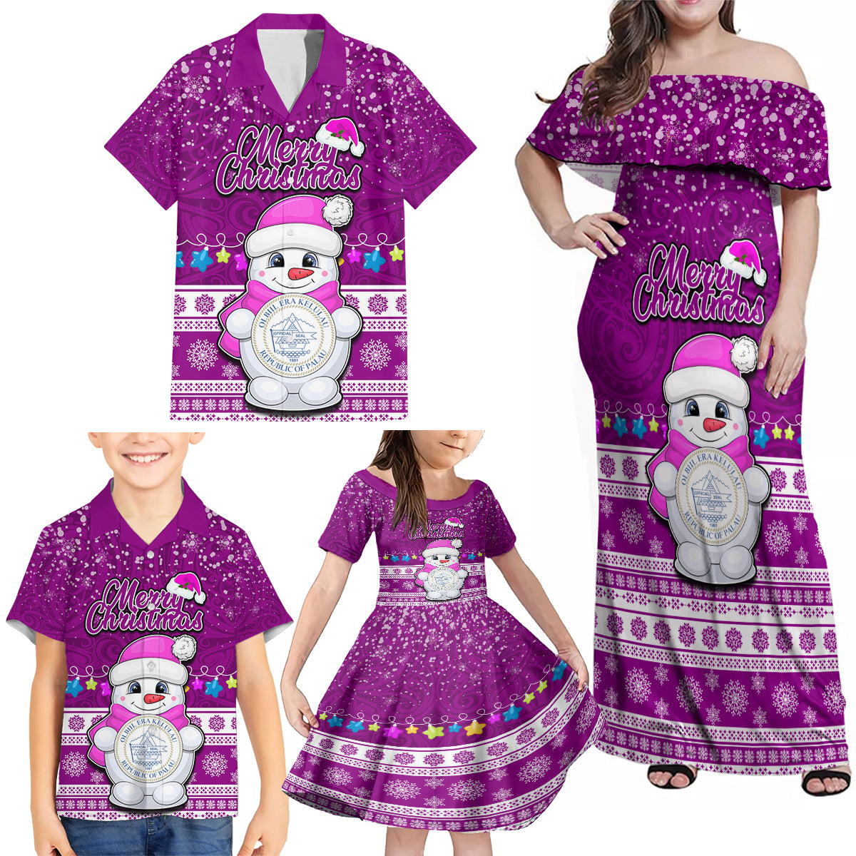 Personalised Palau Christmas Family Matching Off Shoulder Maxi Dress and Hawaiian Shirt Snowman Hugs Palau Coat of Arms Maori Pattern Pink Style LT03 - Polynesian Pride