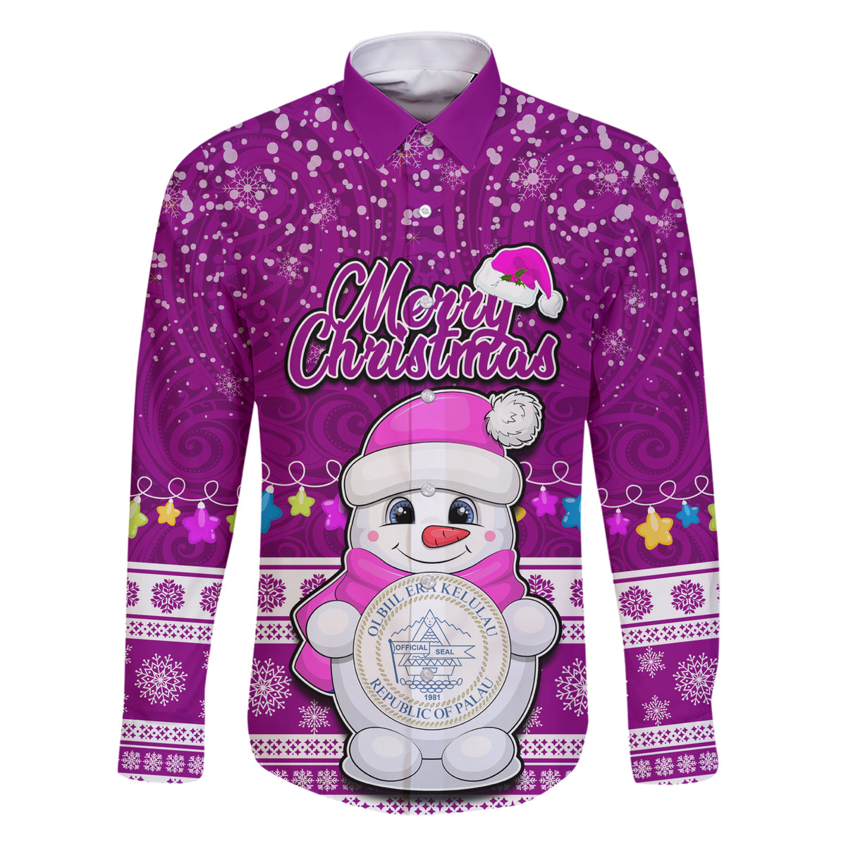 Personalised Palau Christmas Family Matching Short Sleeve Bodycon Dress and Hawaiian Shirt Snowman Hugs Palau Coat of Arms Maori Pattern Pink Style LT03 Dad's Shirt - Long Sleeve Pink - Polynesian Pride