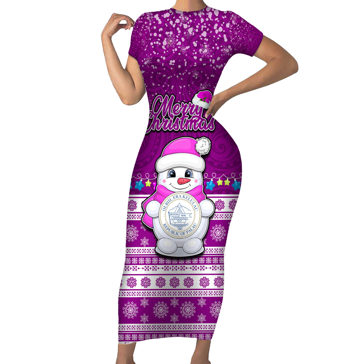 Personalised Palau Christmas Family Matching Short Sleeve Bodycon Dress and Hawaiian Shirt Snowman Hugs Palau Coat of Arms Maori Pattern Pink Style LT03 Mom's Dress Pink - Polynesian Pride