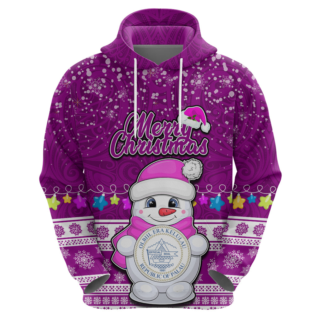 Personalised Palau Christmas Hoodie Snowman Hugs Palau Coat of Arms Maori Pattern Pink Style LT03 - Polynesian Pride