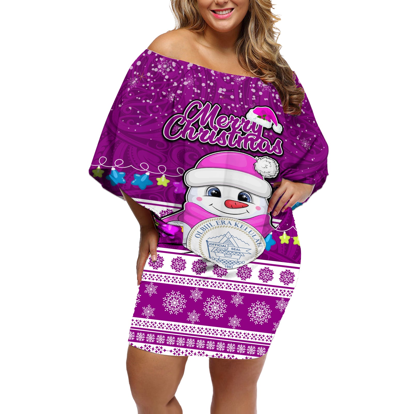 Personalised Palau Christmas Off Shoulder Short Dress Snowman Hugs Palau Coat of Arms Maori Pattern Pink Style LT03 Women Pink - Polynesian Pride