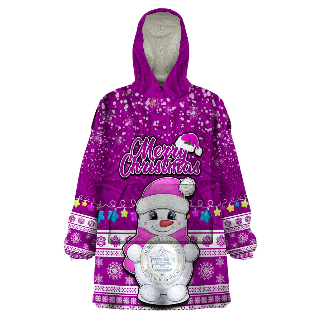 Personalised Palau Christmas Wearable Blanket Hoodie Snowman Hugs Palau Coat of Arms Maori Pattern Pink Style LT03 One Size Pink - Polynesian Pride