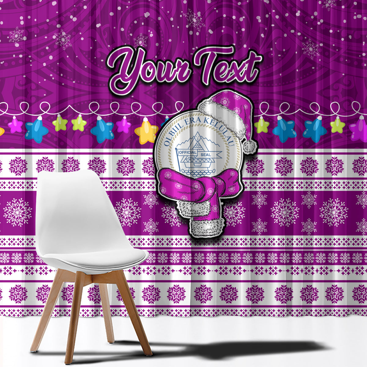Personalised Palau Christmas Window Curtain Snowman Hugs Palau Coat of Arms Maori Pattern Pink Style LT03 - Polynesian Pride