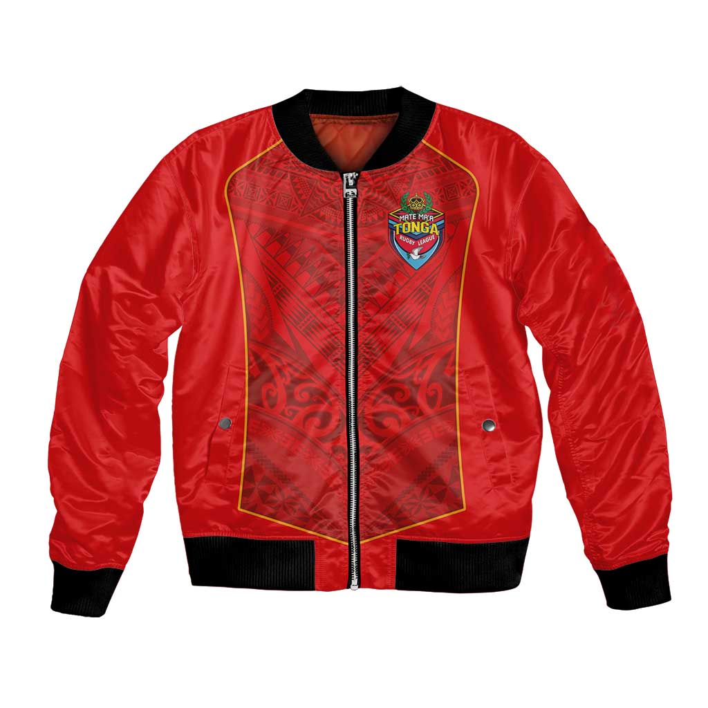Custom Mate Ma'a Tonga Rugby Bomber Jacket Ngatu Tribal Motifs Sporty Style - Polynesian Pride