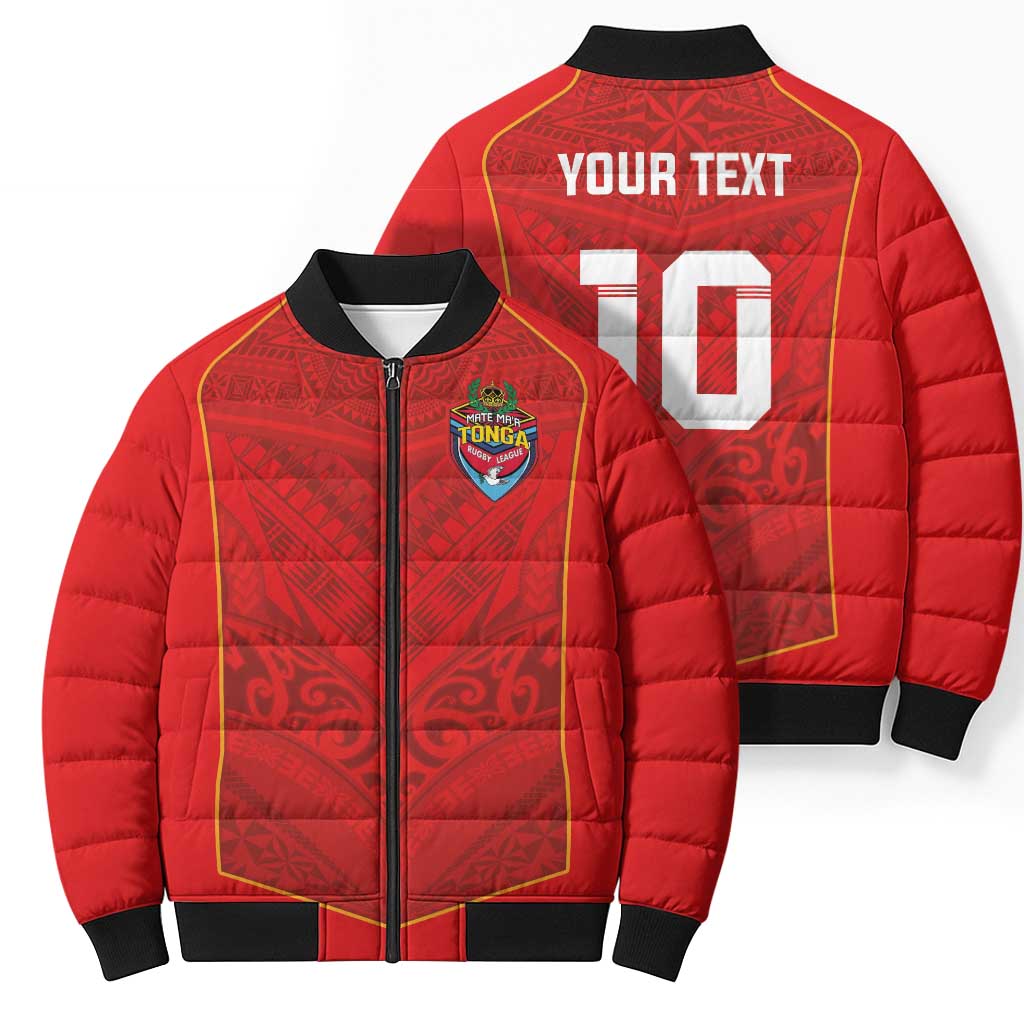 Custom Mate Ma'a Tonga Rugby Bomber Puffer Jacket Ngatu Tribal Motifs Sporty Style - Polynesian Pride