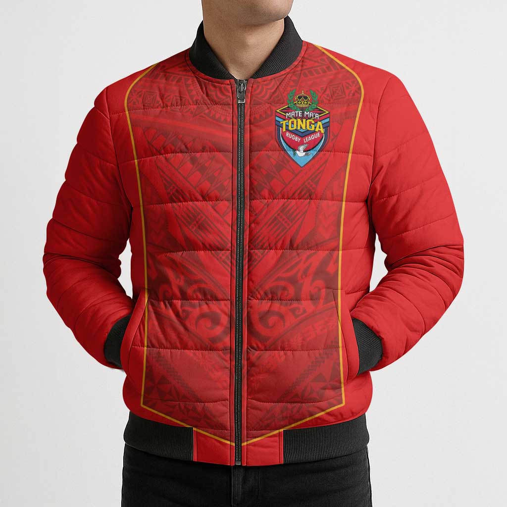 Custom Mate Ma'a Tonga Rugby Bomber Puffer Jacket Ngatu Tribal Motifs Sporty Style - Polynesian Pride