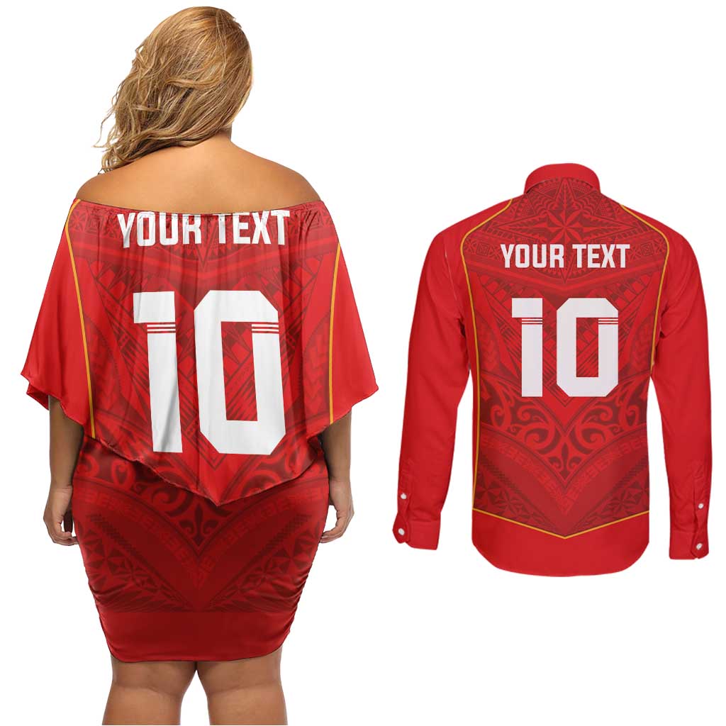 Custom Mate Ma'a Tonga Rugby Couples Matching Off Shoulder Short Dress and Long Sleeve Button Shirt Ngatu Tribal Motifs Sporty Style - Polynesian Pride
