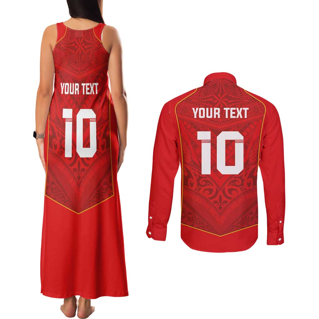Custom Mate Ma'a Tonga Rugby Couples Matching Tank Maxi Dress and Long Sleeve Button Shirt Ngatu Tribal Motifs Sporty Style - Polynesian Pride