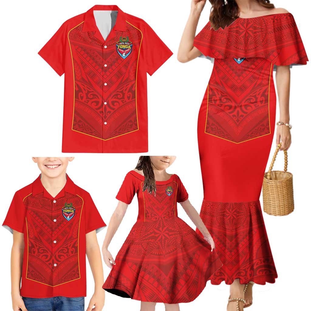 Custom Mate Ma'a Tonga Rugby Family Matching Mermaid Dress and Hawaiian Shirt Ngatu Tribal Motifs Sporty Style - Polynesian Pride