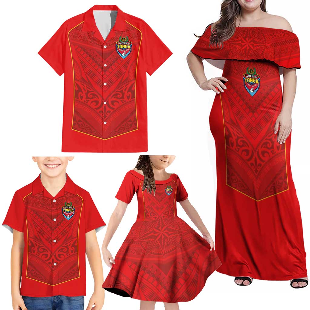 Custom Mate Ma'a Tonga Rugby Family Matching Off Shoulder Maxi Dress and Hawaiian Shirt Ngatu Tribal Motifs Sporty Style - Polynesian Pride
