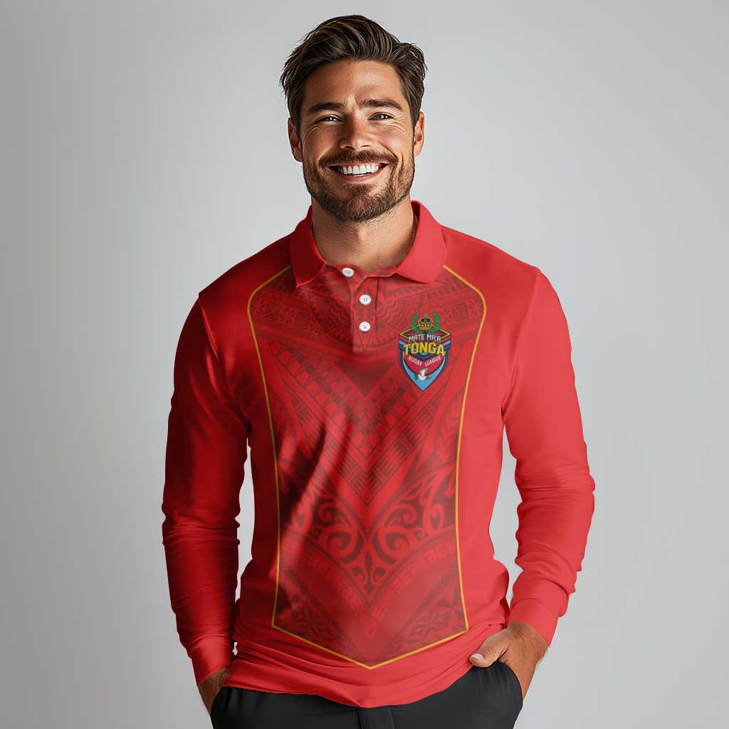 Custom Mate Ma'a Tonga Rugby Long Sleeve Polo Shirt Ngatu Tribal Motifs Sporty Style - Polynesian Pride