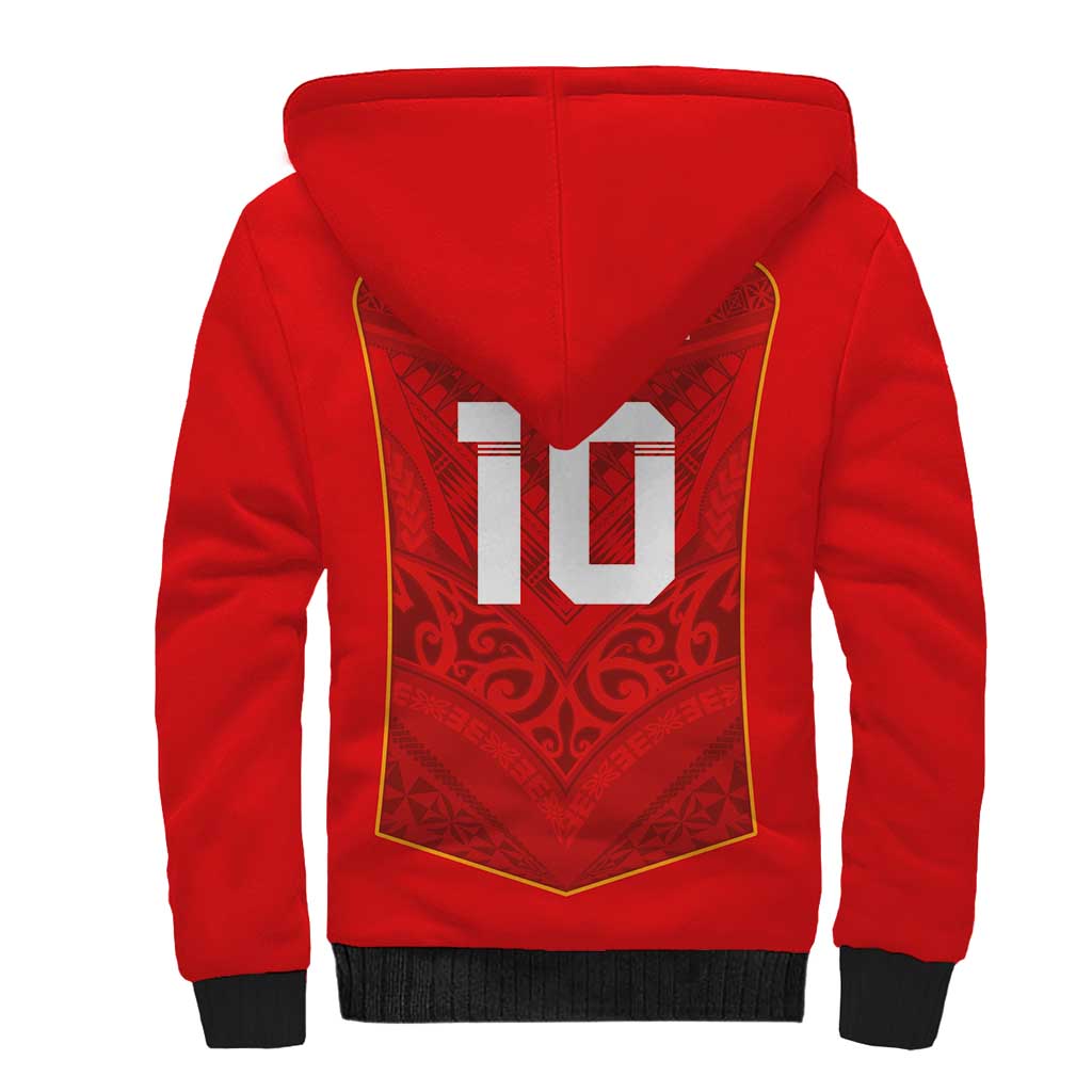 Custom Mate Ma'a Tonga Rugby Sherpa Hoodie Ngatu Tribal Motifs Sporty Style - Polynesian Pride