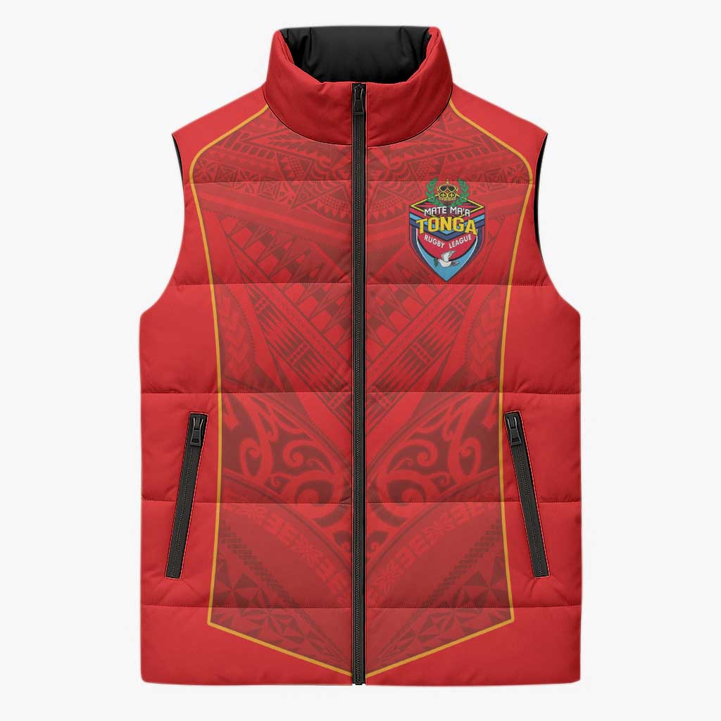 Custom Mate Ma'a Tonga Rugby Sleeveless Puffer Jacket Ngatu Tribal Motifs Sporty Style - Polynesian Pride