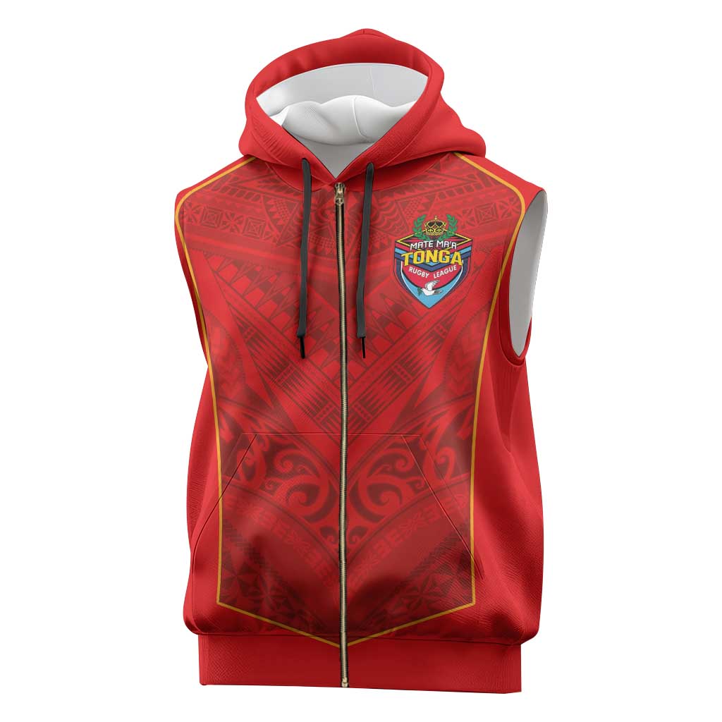 Custom Mate Ma'a Tonga Rugby Sleeveless Zip Hoodie Ngatu Tribal Motifs Sporty Style - Polynesian Pride