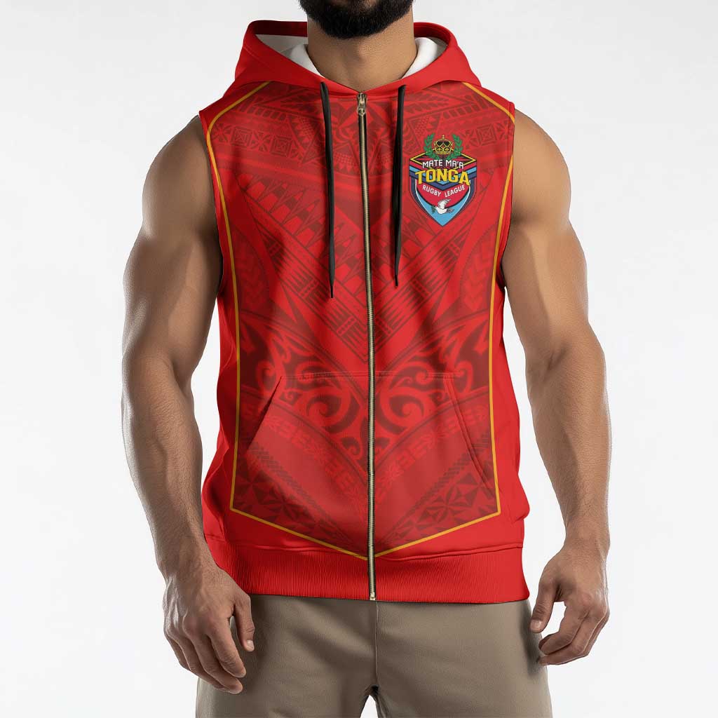 Custom Mate Ma'a Tonga Rugby Sleeveless Zip Hoodie Ngatu Tribal Motifs Sporty Style - Polynesian Pride