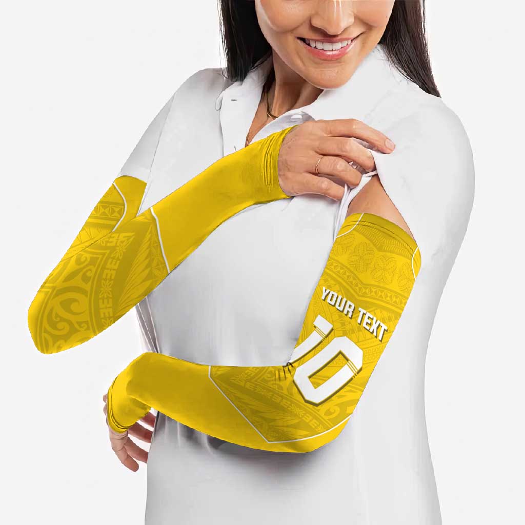 Custom Niue Rugby Arm Sleeves Hiapo Tribal Motifs Sporty Style - Polynesian Pride