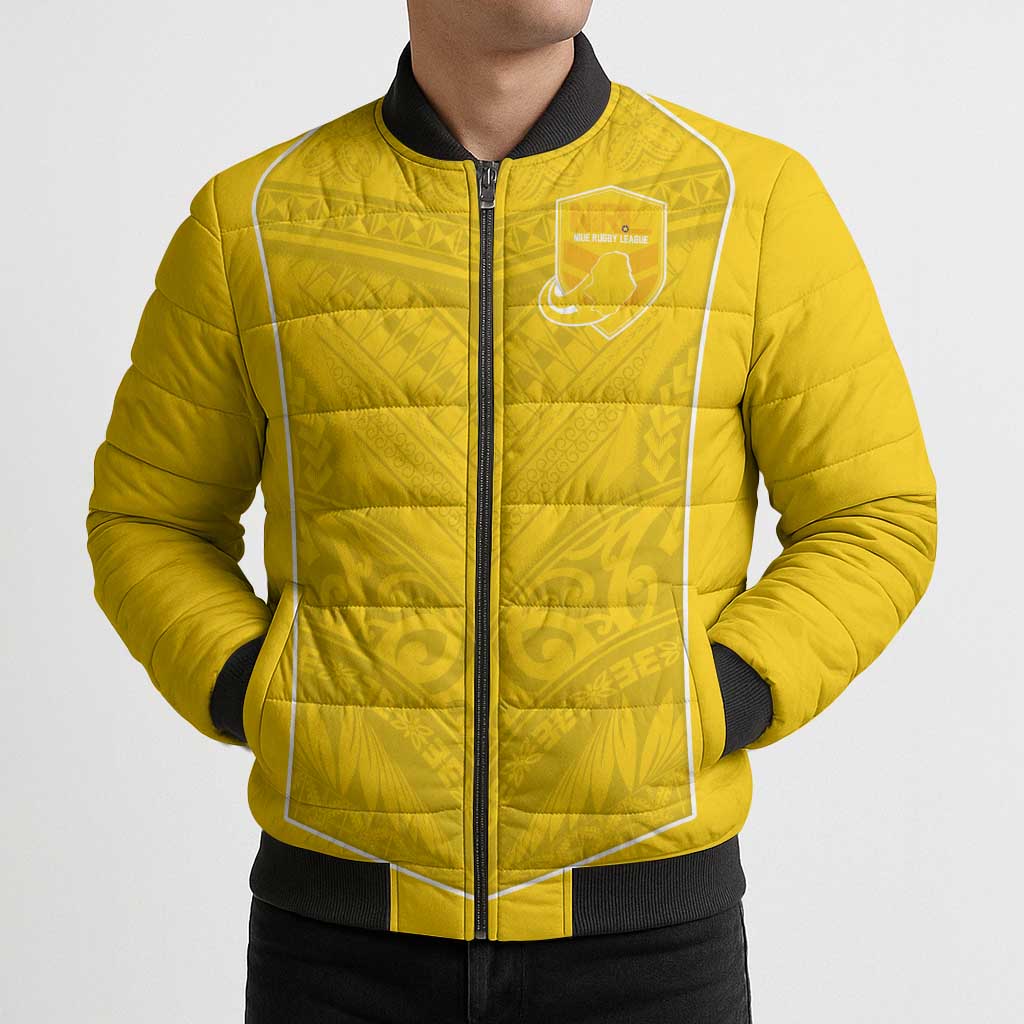 Custom Niue Rugby Bomber Puffer Jacket Hiapo Tribal Motifs Sporty Style - Polynesian Pride