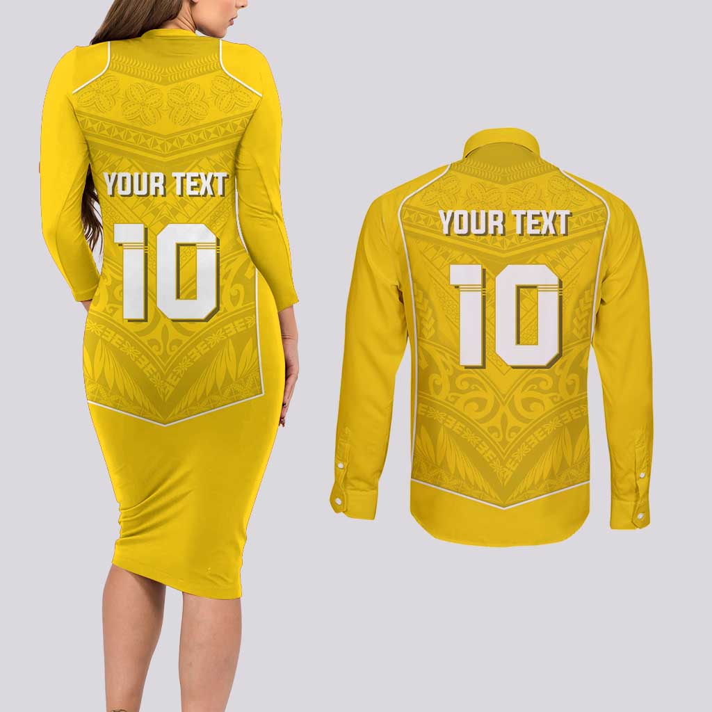Custom Niue Rugby Couples Matching Long Sleeve Bodycon Dress and Long Sleeve Button Shirt Hiapo Tribal Motifs Sporty Style - Polynesian Pride