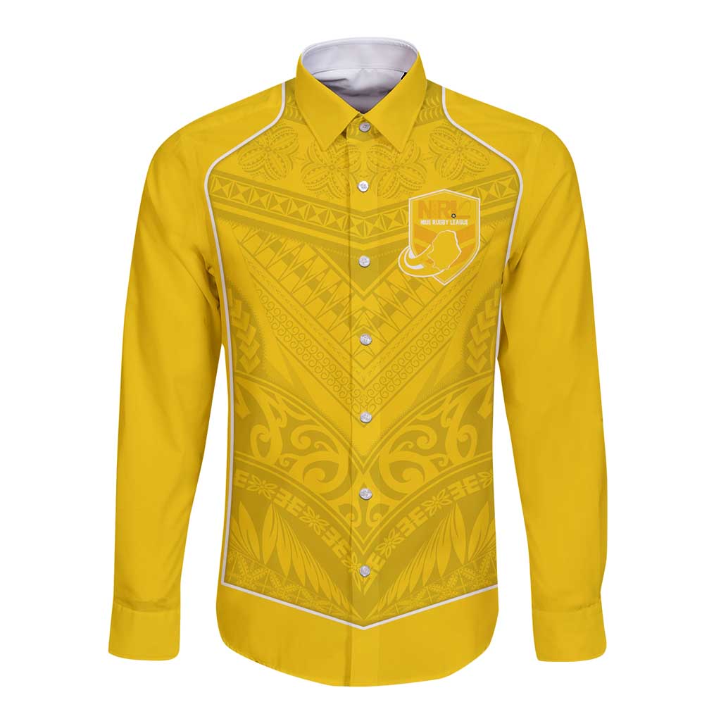 Custom Niue Rugby Long Sleeve Button Shirt Hiapo Tribal Motifs Sporty Style - Polynesian Pride
