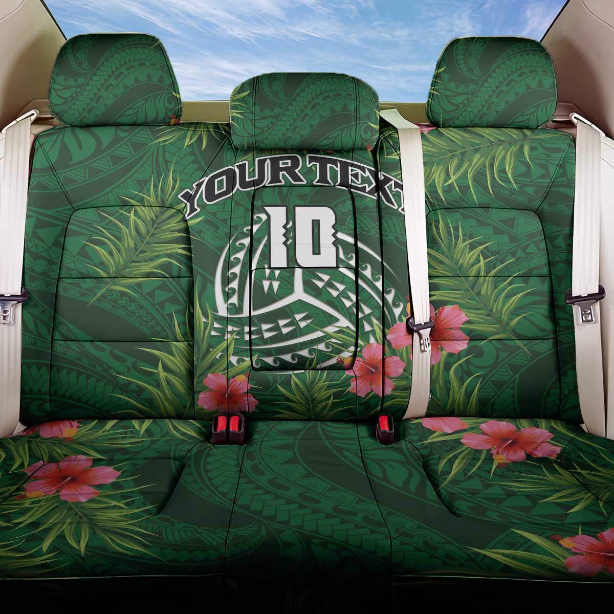 Custom Hawaii Volleyball Back Car Seat Cover Kakau Abstract and Tropical Plants Green Color - Polynesian Pride