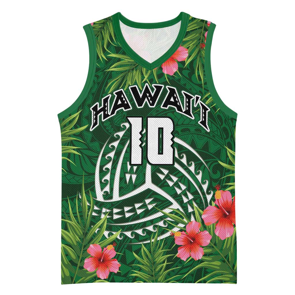 Custom Hawaii Volleyball Basketball Jersey Kakau Abstract and Tropical Plants Green Color - Polynesian Pride