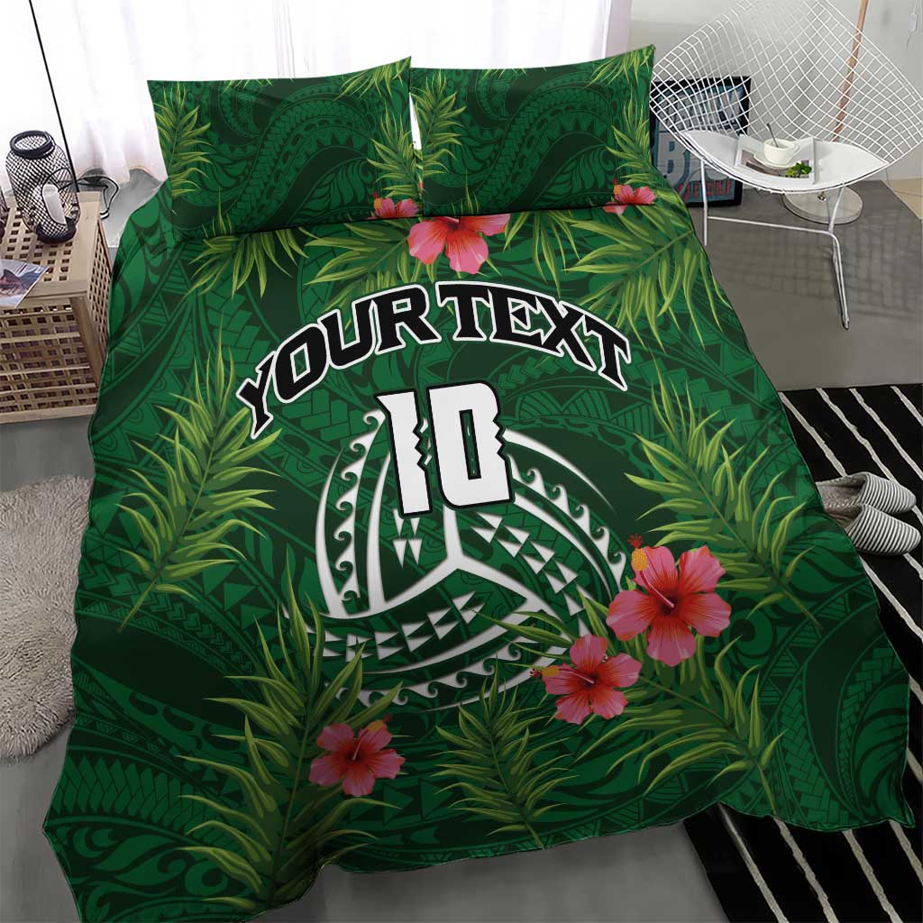 Custom Hawaii Volleyball Bedding Set Kakau Abstract and Tropical Plants Green Color - Polynesian Pride