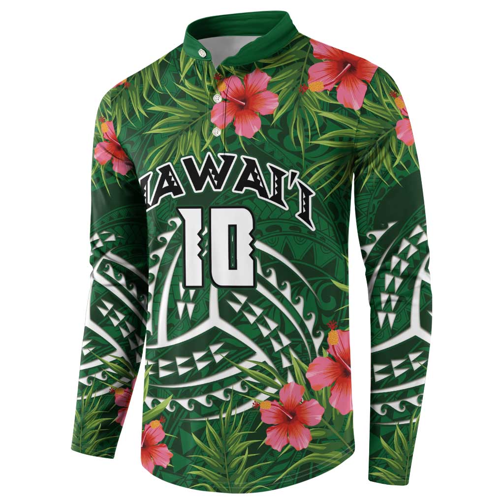 Custom Hawaii Volleyball Button Sweatshirt Kakau Abstract and Tropical Plants Green Color - Polynesian Pride