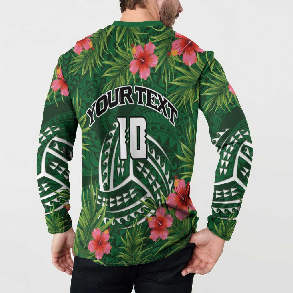 Custom Hawaii Volleyball Button Sweatshirt Kakau Abstract and Tropical Plants Green Color - Polynesian Pride