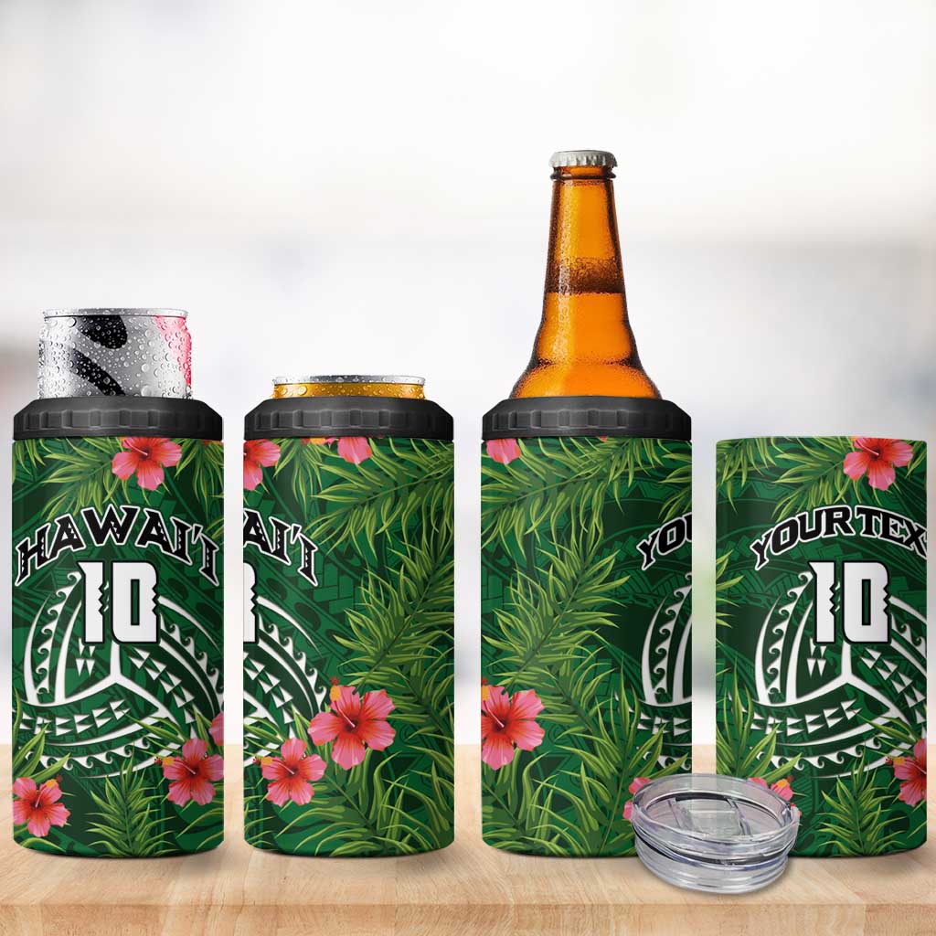 Custom Hawaii Volleyball 4 in 1 Can Cooler Tumbler Kakau Abstract and Tropical Plants Green Color - Polynesian Pride
