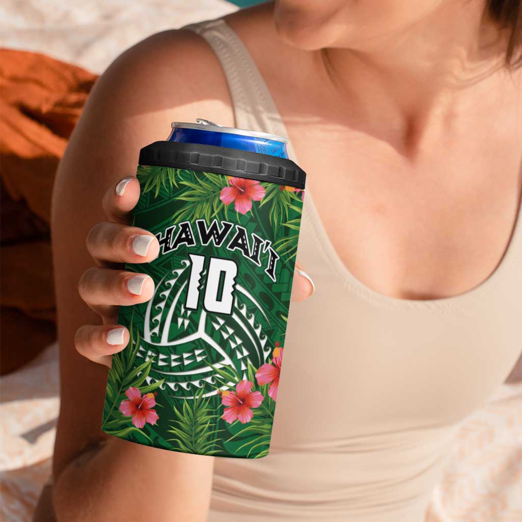 Custom Hawaii Volleyball 4 in 1 Can Cooler Tumbler Kakau Abstract and Tropical Plants Green Color - Polynesian Pride