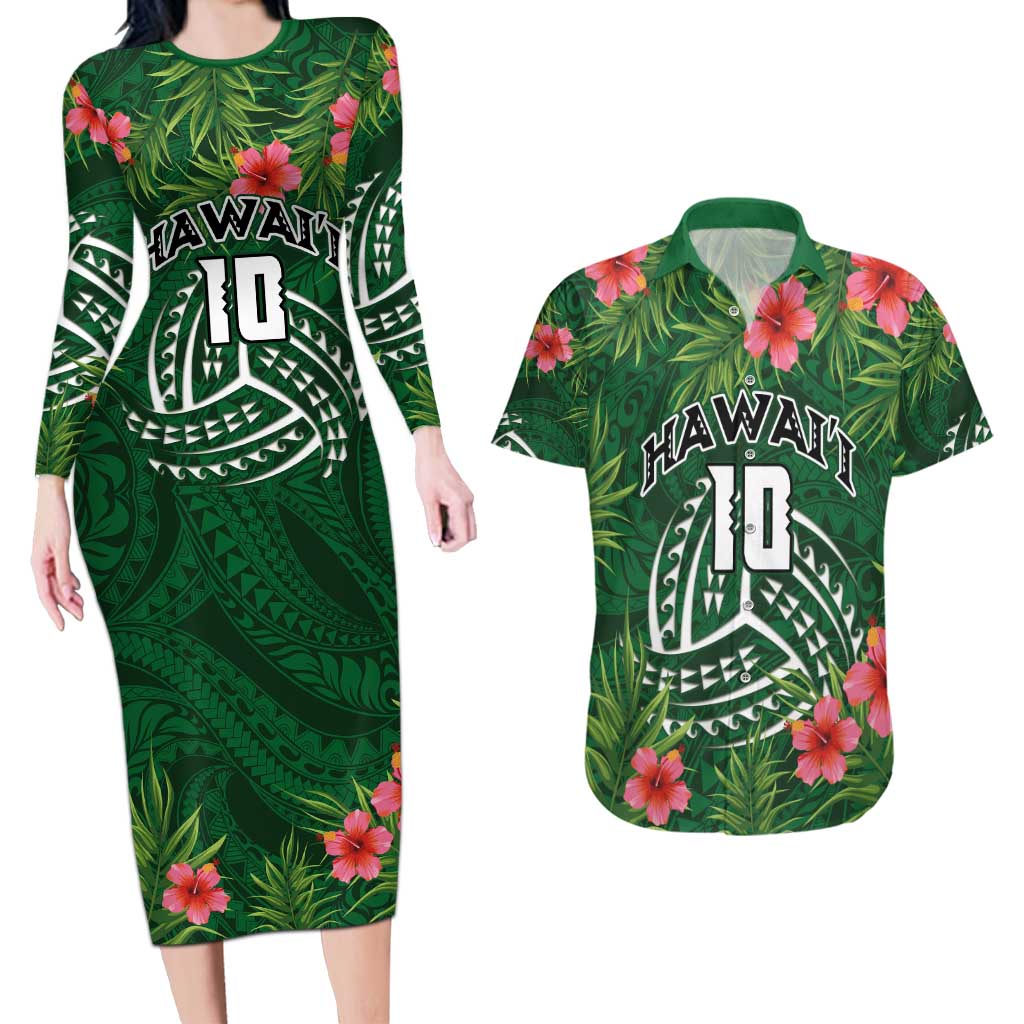Custom Hawaii Volleyball Couples Matching Long Sleeve Bodycon Dress and Hawaiian Shirt Kakau Abstract and Tropical Plants Green Color - Polynesian Pride