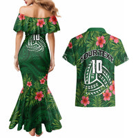 Custom Hawaii Volleyball Couples Matching Mermaid Dress and Hawaiian Shirt Kakau Abstract and Tropical Plants Green Color - Polynesian Pride