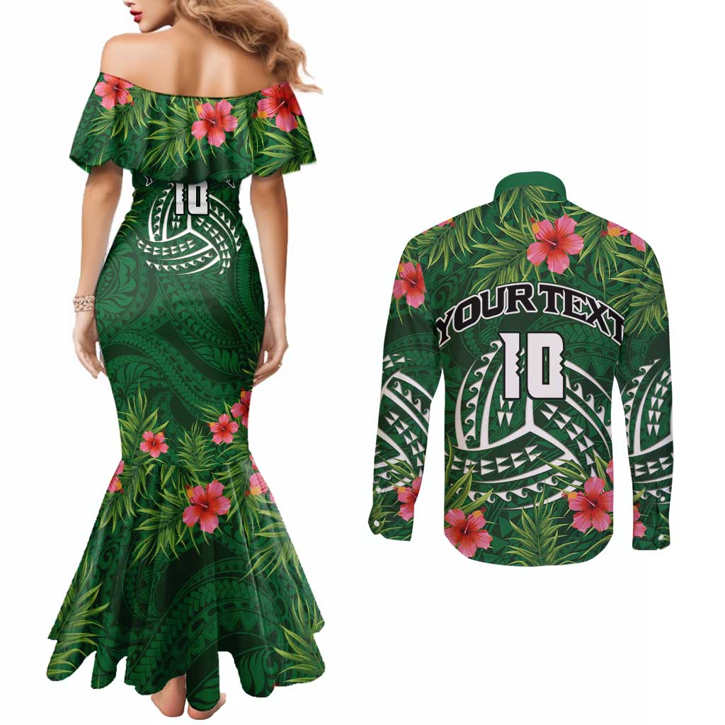 Custom Hawaii Volleyball Couples Matching Mermaid Dress and Long Sleeve Button Shirt Kakau Abstract and Tropical Plants Green Color - Polynesian Pride