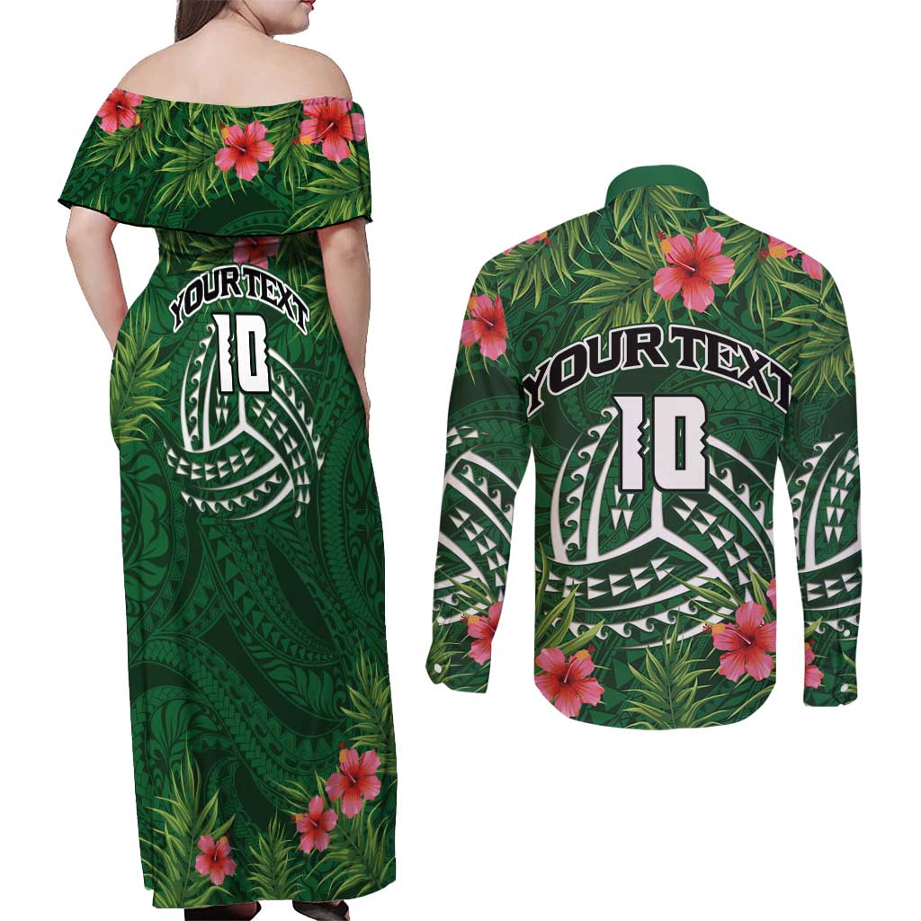 Custom Hawaii Volleyball Couples Matching Off Shoulder Maxi Dress and Long Sleeve Button Shirt Kakau Abstract and Tropical Plants Green Color - Polynesian Pride