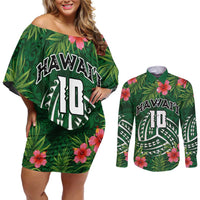 Custom Hawaii Volleyball Couples Matching Off Shoulder Short Dress and Long Sleeve Button Shirt Kakau Abstract and Tropical Plants Green Color - Polynesian Pride