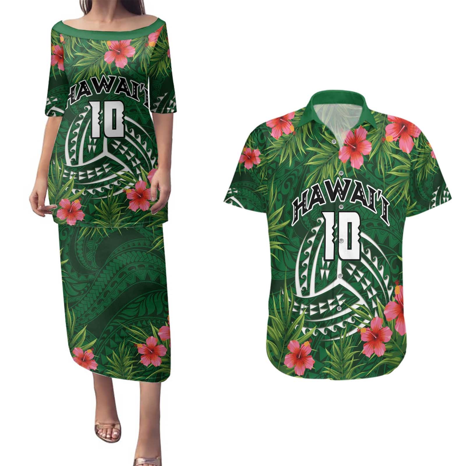 Custom Hawaii Volleyball Couples Matching Puletasi and Hawaiian Shirt Kakau Abstract and Tropical Plants Green Color - Polynesian Pride