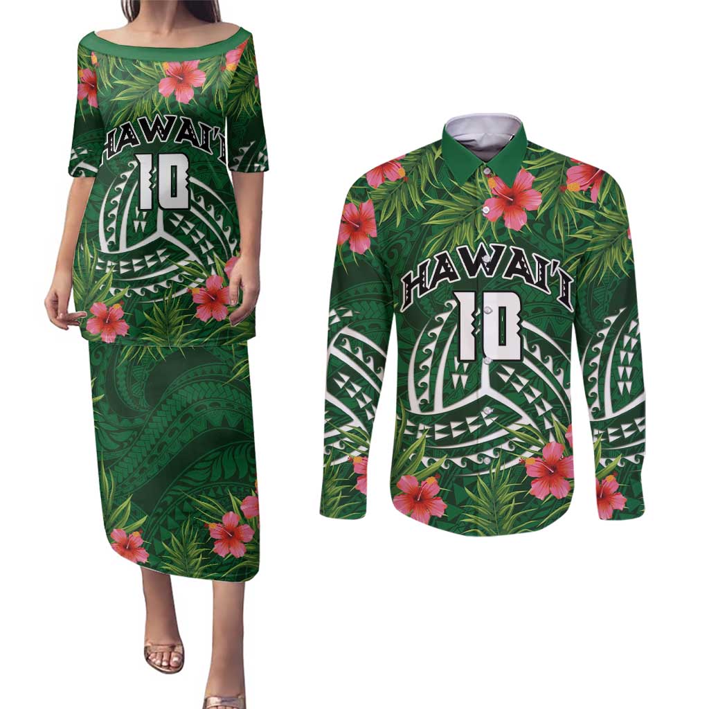 Custom Hawaii Volleyball Couples Matching Puletasi and Long Sleeve Button Shirt Kakau Abstract and Tropical Plants Green Color - Polynesian Pride