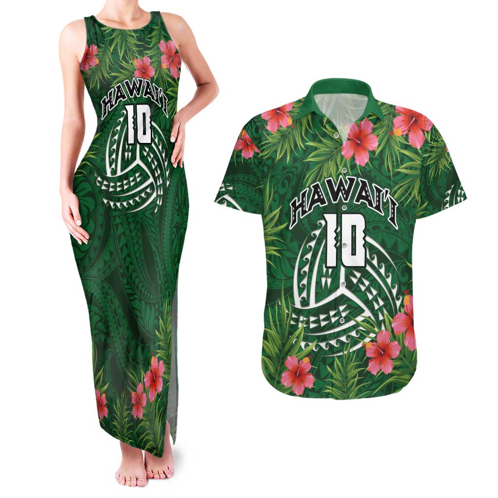 Custom Hawaii Volleyball Couples Matching Tank Maxi Dress and Hawaiian Shirt Kakau Abstract and Tropical Plants Green Color - Polynesian Pride