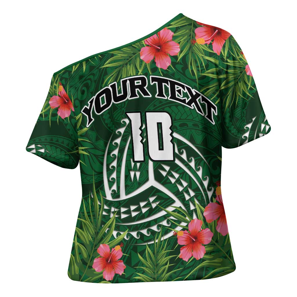 Custom Hawaii Volleyball Cross Shoulder Shirt Kakau Abstract and Tropical Plants Green Color - Polynesian Pride