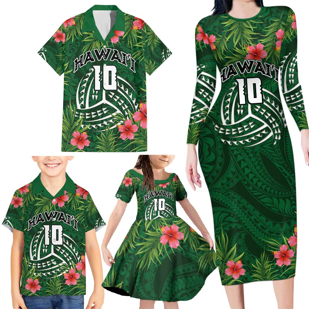 Custom Hawaii Volleyball Family Matching Long Sleeve Bodycon Dress and Hawaiian Shirt Kakau Abstract and Tropical Plants Green Color - Polynesian Pride