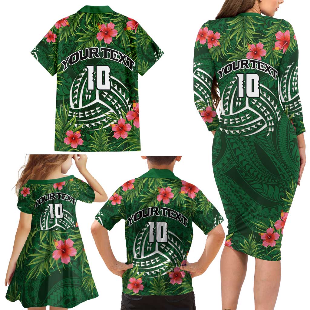 Custom Hawaii Volleyball Family Matching Long Sleeve Bodycon Dress and Hawaiian Shirt Kakau Abstract and Tropical Plants Green Color - Polynesian Pride