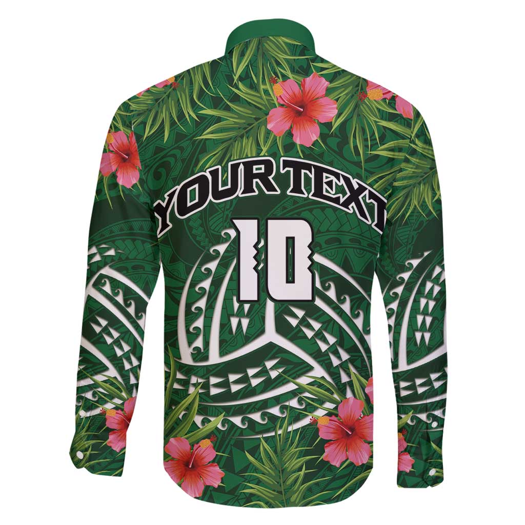 Custom Hawaii Volleyball Family Matching Long Sleeve Bodycon Dress and Hawaiian Shirt Kakau Abstract and Tropical Plants Green Color - Polynesian Pride