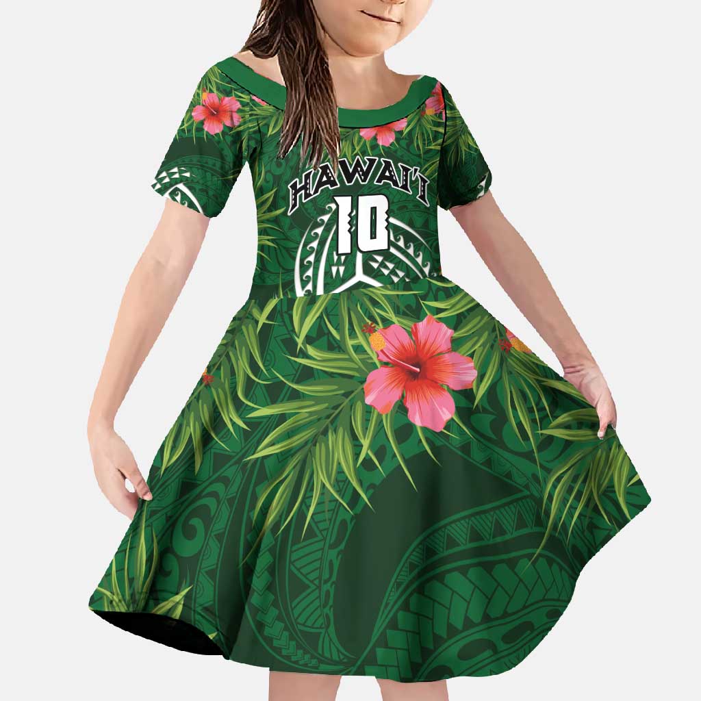 Custom Hawaii Volleyball Family Matching Off Shoulder Maxi Dress and Hawaiian Shirt Kakau Abstract and Tropical Plants Green Color - Polynesian Pride