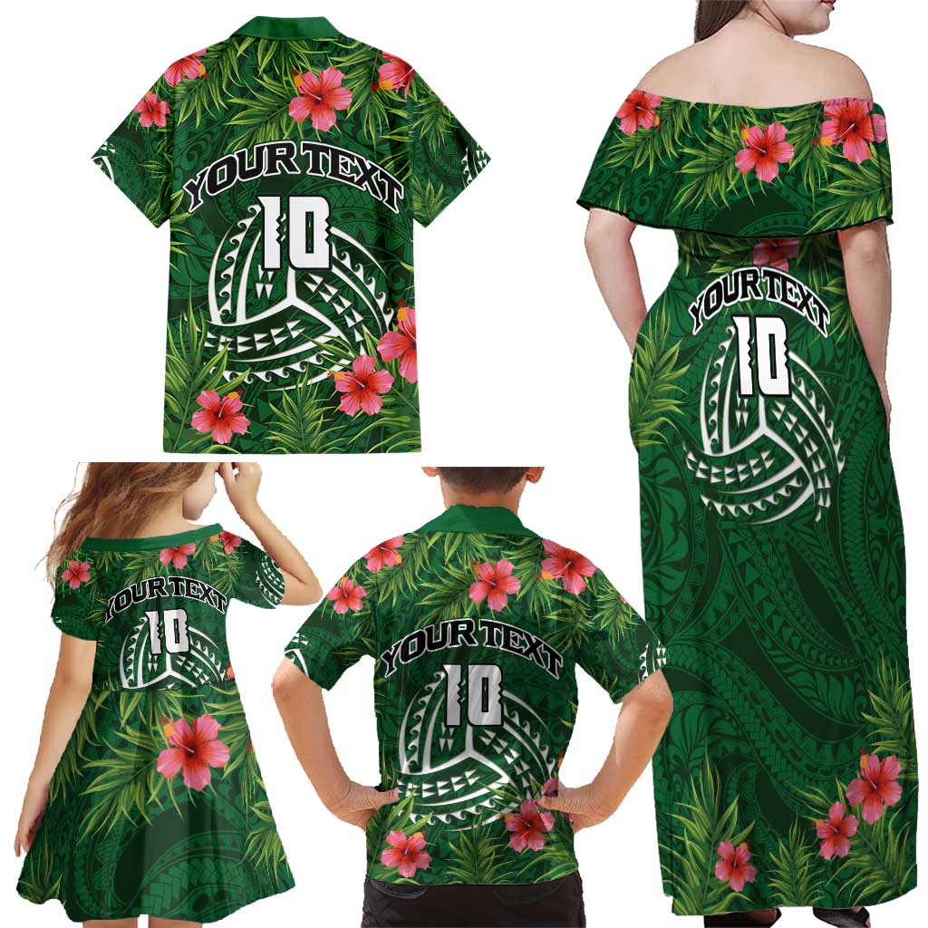 Custom Hawaii Volleyball Family Matching Off Shoulder Maxi Dress and Hawaiian Shirt Kakau Abstract and Tropical Plants Green Color - Polynesian Pride