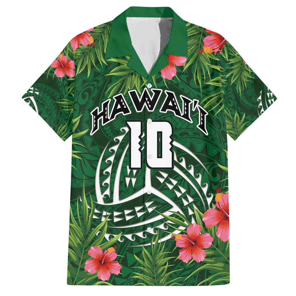 Custom Hawaii Volleyball Family Matching Off Shoulder Maxi Dress and Hawaiian Shirt Kakau Abstract and Tropical Plants Green Color - Polynesian Pride