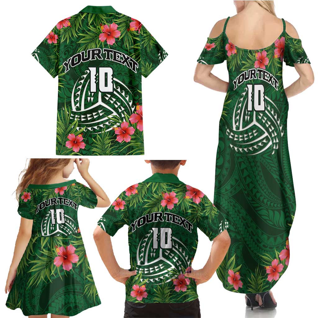 Custom Hawaii Volleyball Family Matching Summer Maxi Dress and Hawaiian Shirt Kakau Abstract and Tropical Plants Green Color - Polynesian Pride