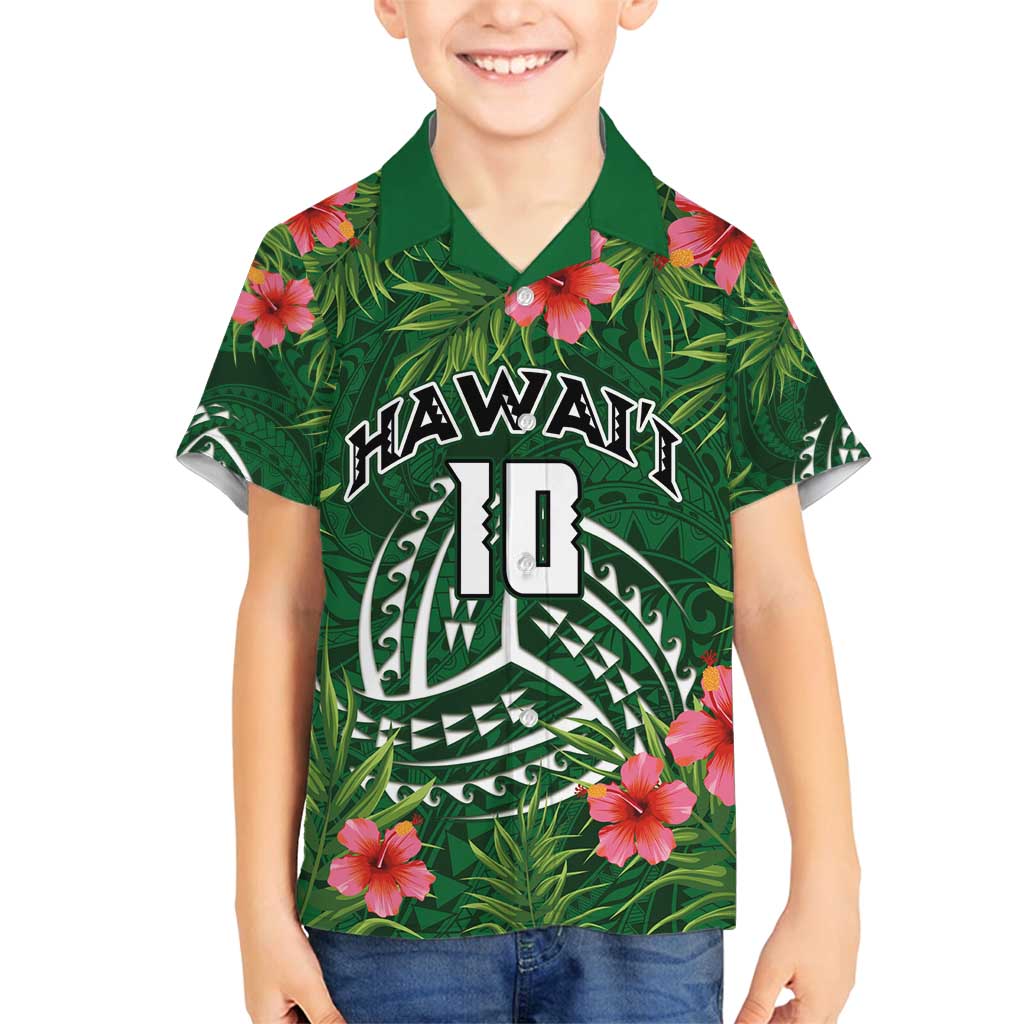 Custom Hawaii Volleyball Family Matching Tank Maxi Dress and Hawaiian Shirt Kakau Abstract and Tropical Plants Green Color - Polynesian Pride