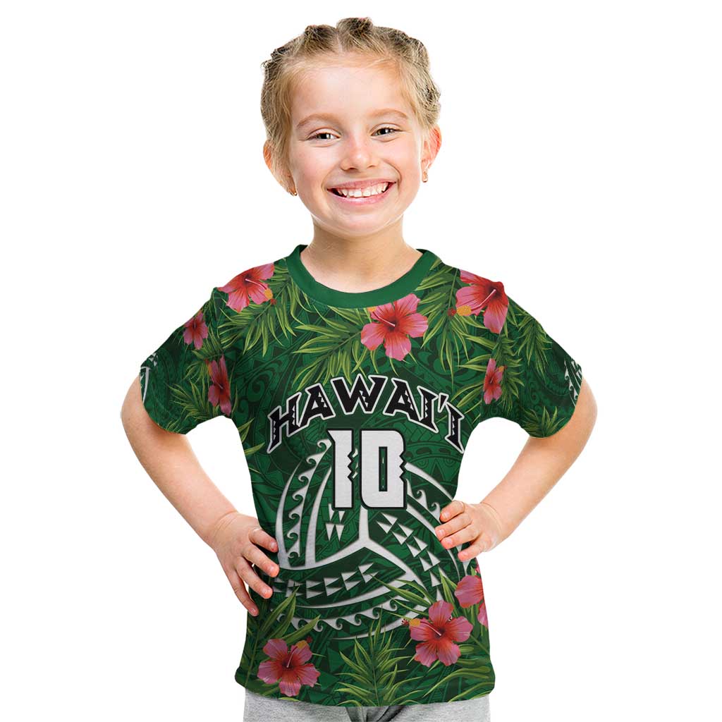 Custom Hawaii Volleyball Kid T Shirt Kakau Abstract and Tropical Plants Green Color - Polynesian Pride