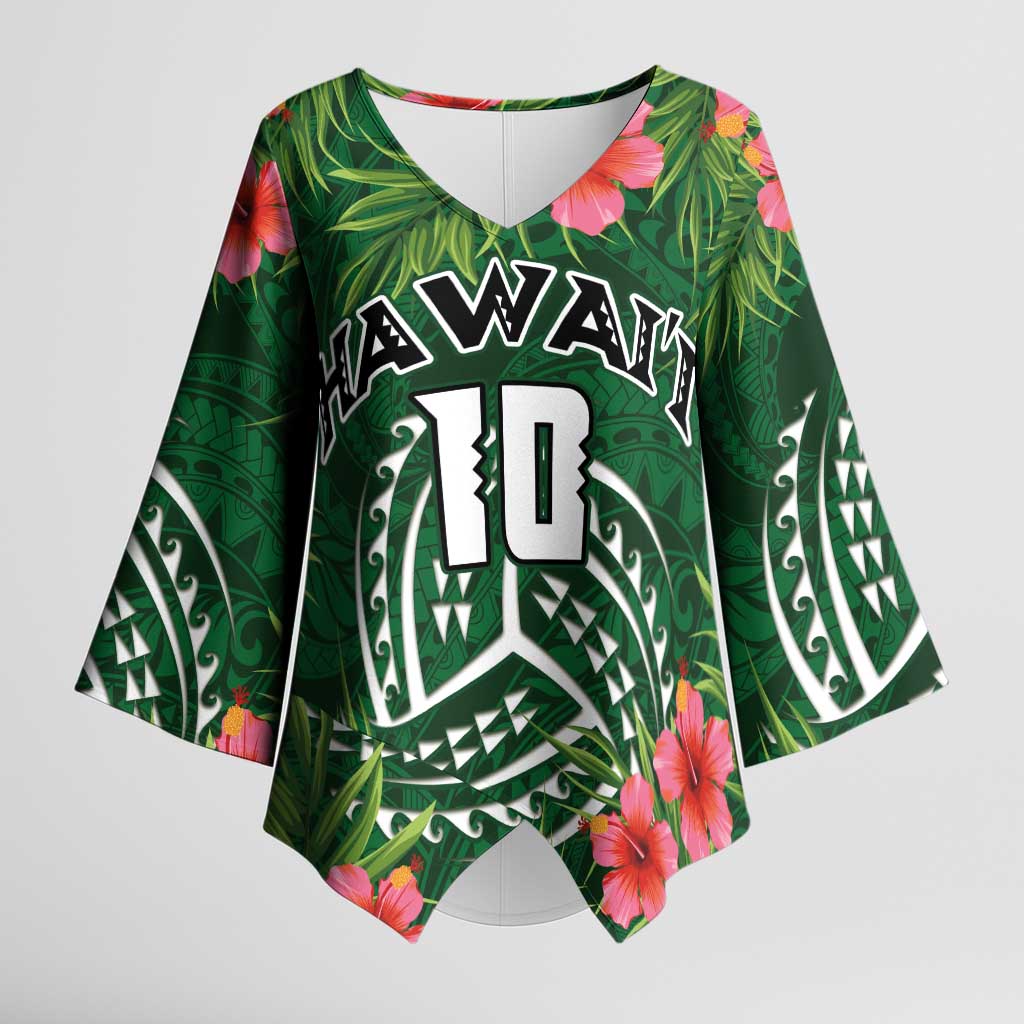 Custom Hawaii Volleyball Kimono Sleeve Blouse Kakau Abstract and Tropical Plants Green Color - Polynesian Pride
